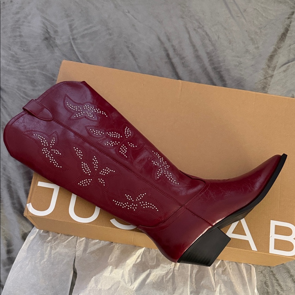JustFab Burgundy Heeled Boots with Embellishments - Picture 9 of 11